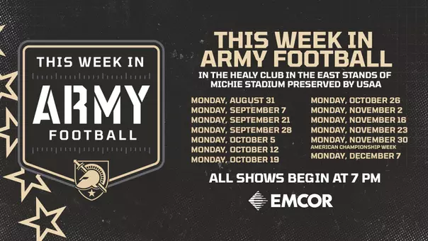 A graphic for This Week in Army Football describing when all the shows will occur