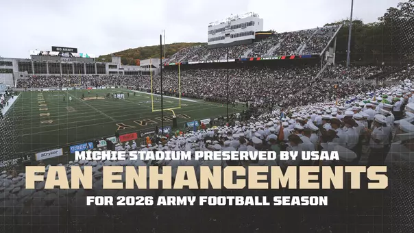 Photo of Michie Stadium during the 2025 Army Football season with overlayed text saying Michie Stadium preserved by USAA Fan Enhancements for 2026 Army Football Season