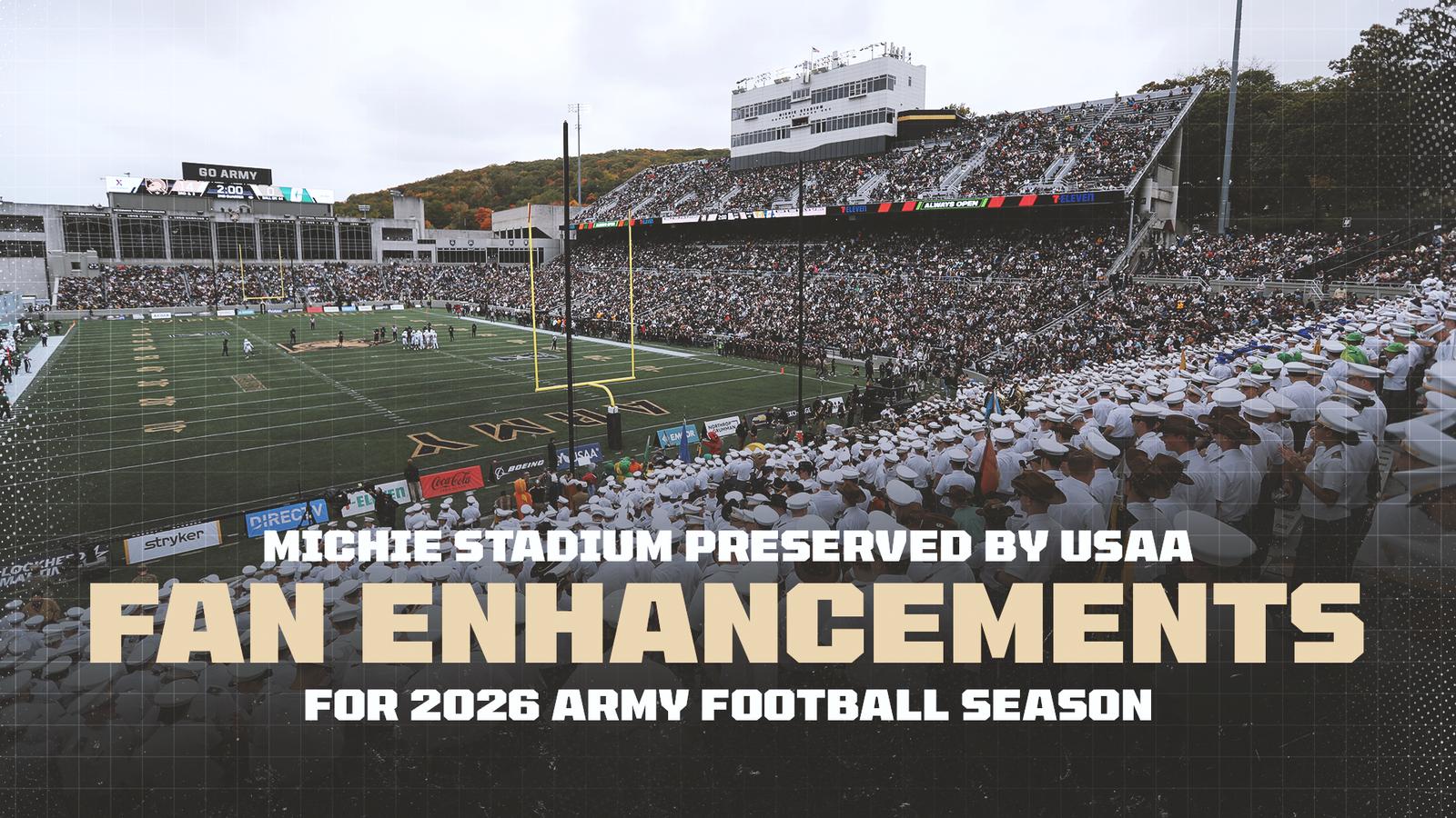 Photo of Michie Stadium during the 2025 Army Football season with overlayed text saying Michie Stadium preserved by USAA Fan Enhancements for 2026 Army Football Season