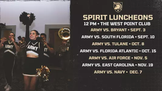 Graphic for the 2016 Spirit Luncheons at West Point with dates and opponents and a cheerleader.