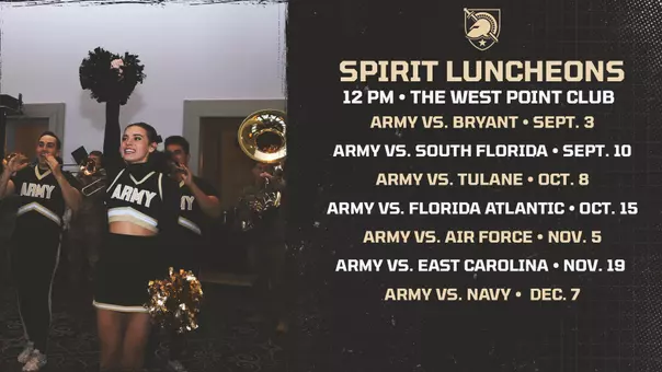 Graphic for the 2016 Spirit Luncheons at West Point with dates and opponents and a cheerleader.
