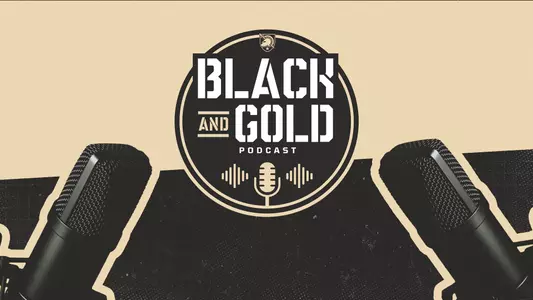 Graphic for the Black and Gold Podcast Promotion with a logo in the center and two podcast microphones.