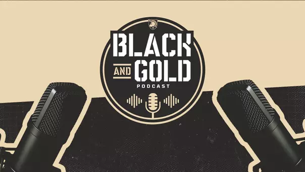 Graphic for the Black and Gold Podcast Promotion with a logo in the center and two podcast microphones.