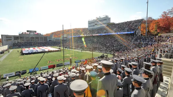 Michie Stadium at Halftime of Temple Game in 2025 with the American flag at midfield.