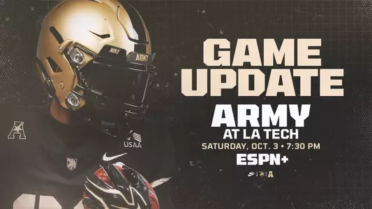 Graphic with an Army Football player that gives an update for the the Football Game at Louisiana Tech for 7:30 PM on Oct. 3 on ESPN+