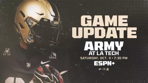 Graphic with an Army Football player that gives an update for the the Football Game at Louisiana Tech for 7:30 PM on Oct. 3 on ESPN+