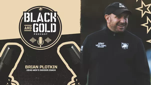 Graphic for the Black and Gold Podcast that features Head Men's Soccer Coach Brian Plotkin with a photo of him smiling.