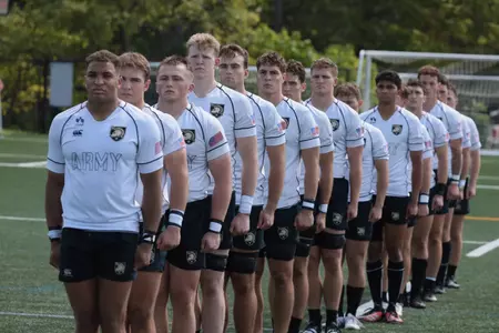 Army West Point men's rugby lines up for the national anthem.