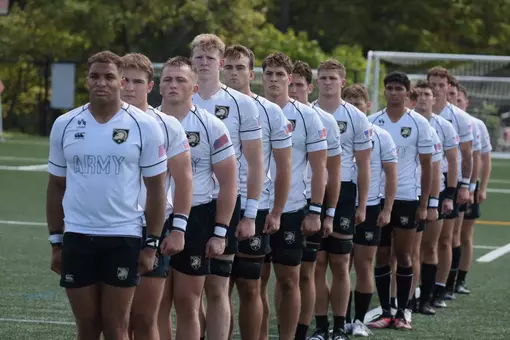 Army West Point men's rugby lines up for the national anthem.