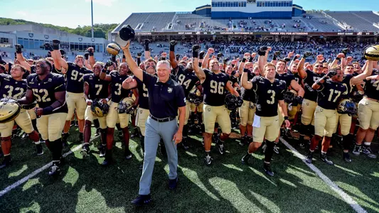 Sep 5, 2026; West Point, New York, USA; Army Black Knights head coach Jeff Monken celebrates with his team after Army’s 59-3 win against the Bryant Bulldogs at Michie Stadium. Mandatory Credit: Danny Wild-Imagn Images