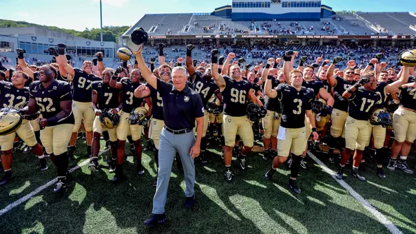 Sep 5, 2026; West Point, New York, USA; Army Black Knights head coach Jeff Monken celebrates with his team after Army’s 59-3 win against the Bryant Bulldogs at Michie Stadium. Mandatory Credit: Danny Wild-Imagn Images
