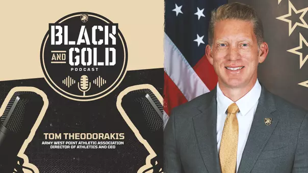 Graphic for Black and Gold Podcast Episode 1 with the Black and Gold Podcast logo with two podcast mics and a photo of Army Director of Athletics & CEO Tom Theodorakis