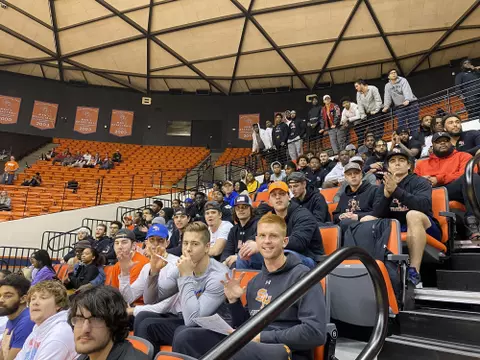 Football student-athletes at Women's Basketball game
