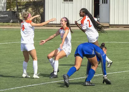 Brooke Jones celebrates her goal with Landri Townsend against UTRGV