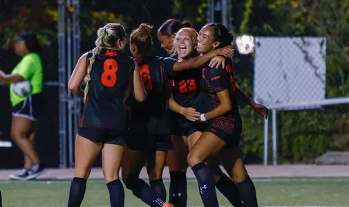 Soccer celebrates a goal in a 4-2 victory over Prairie View