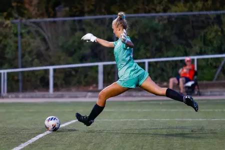 Kassidy Baehren kicks a goal kick against Lamar