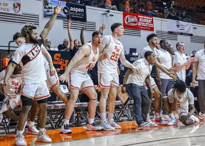 The Bearkats celebrate a made 3-point basket