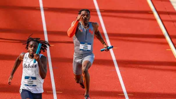 The quartet of Xzamion Parker, Javain Johnson, Omarion Ferguson and Tyriq Brunn run in the 4x100-meter relay at the NCAA Outdoor Championships