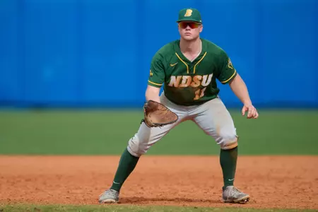 North Dakota State Bison first baseman Brock Anderson (11) during an NCAA baseball game against the Maine Black Bears on March 11, 2022 at Chain of Lakes Stadium in Winter Haven, Florida. (Mike Janes/Four Seam Images)