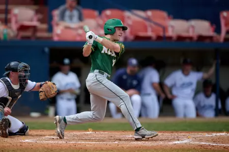North Dakota State Bison outfielder Cadyn Schwabe (19) bats during an NCAA baseball game against the Maine Black Bears on March 11, 2022 at Chain of Lakes Stadium in Winter Haven, Florida. (Mike Janes/Four Seam Images)