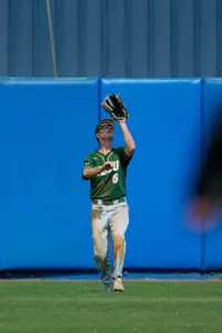 North Dakota State Bison outfielder Calen Schwabe (6) catches a fly ball during an NCAA baseball game against the Maine Black Bears on March 11, 2022 at Chain of Lakes Stadium in Winter Haven, Florida. (Mike Janes/Four Seam Images)