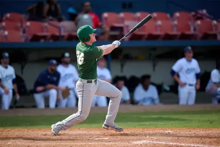 North Dakota State Bison Carson Hake (26) bats during an NCAA baseball game against the Maine Black Bears on March 11, 2022 at Chain of Lakes Stadium in Winter Haven, Florida. (Mike Janes/Four Seam Images)
