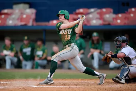 North Dakota State Bison second baseman Druw Sackett (13) bats during an NCAA baseball game against the Maine Black Bears on March 11, 2022 at Chain of Lakes Stadium in Winter Haven, Florida. (Mike Janes/Four Seam Images)