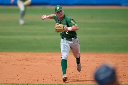 North Dakota State Bison shortstop Peter Brookshaw (2) throws to first base during an NCAA baseball game against the Maine Black Bears on March 11, 2022 at Chain of Lakes Stadium in Winter Haven, Florida. (Mike Janes/Four Seam Images)