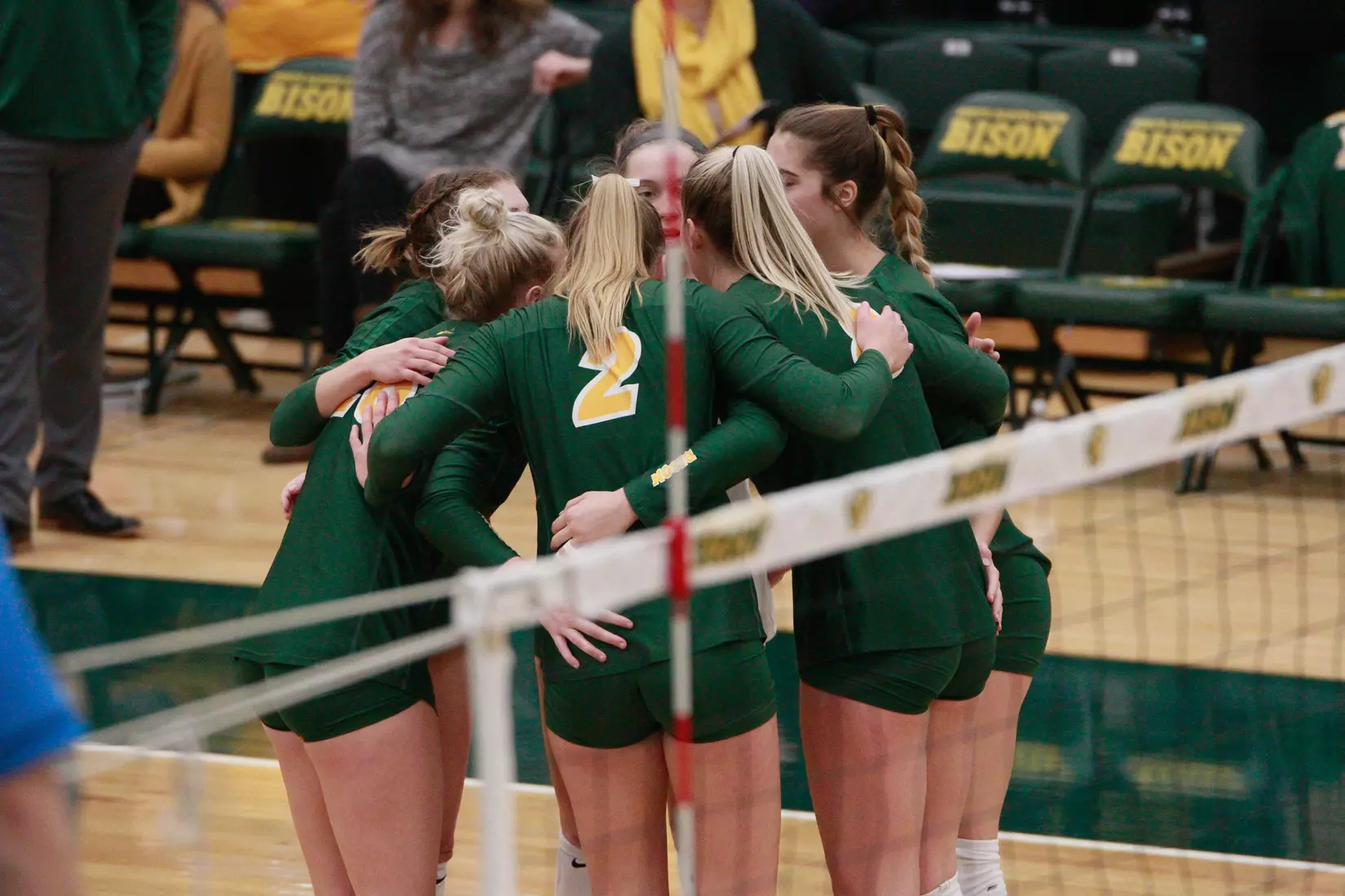 North Dakota State on-court huddle during match against Denver in the Bentson Bunker Fieldhouse.