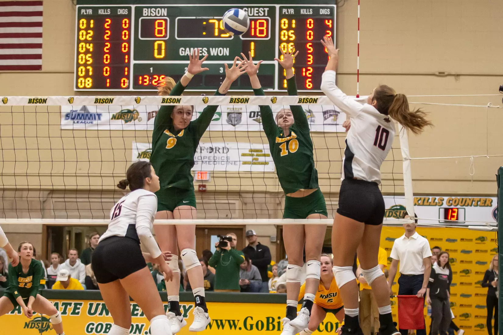 North Dakota State's Emily Halverson and Maggie Steffen against Omaha in the Bentson Bunker Fieldhouse.