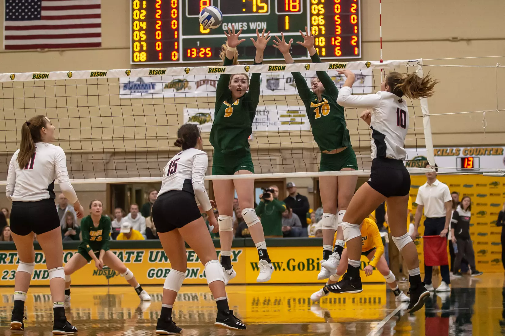 North Dakota State's Emily Halverson and Maggie Steffen against Omaha in the Bentson Bunker Fieldhouse.