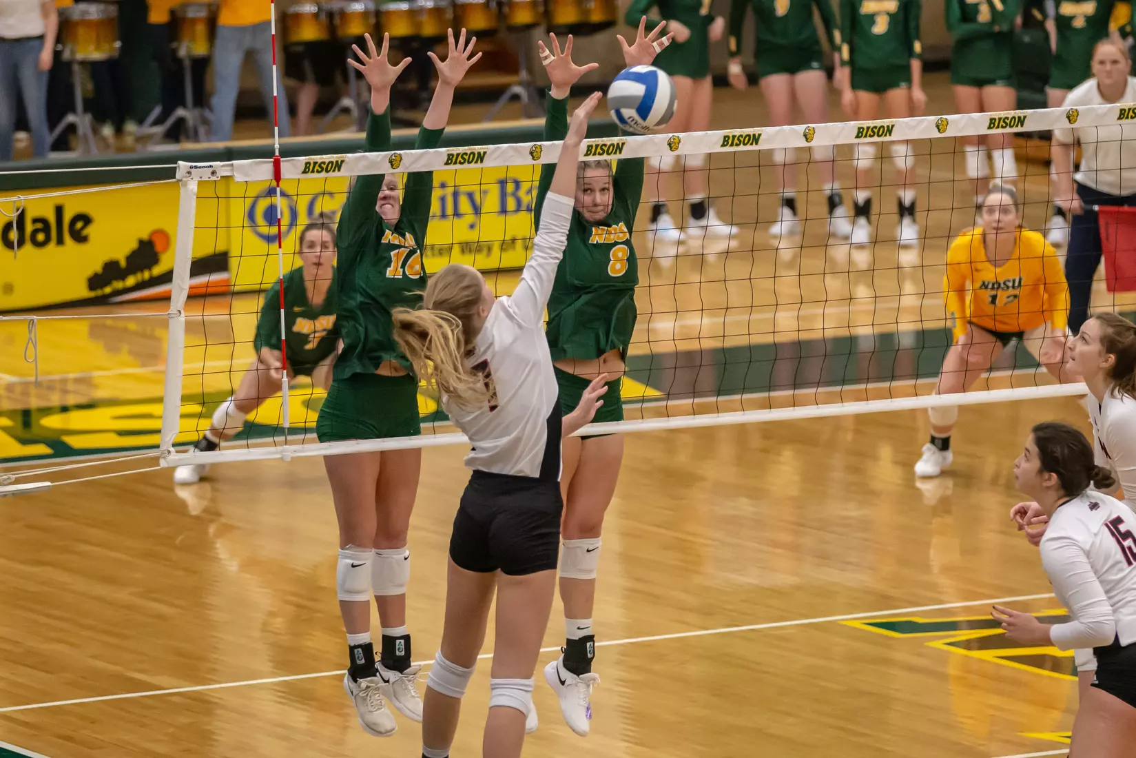 North Dakota State's Kalli Hegerle and Bella Lien against Omaha in the Bentson Bunker Fieldhouse.