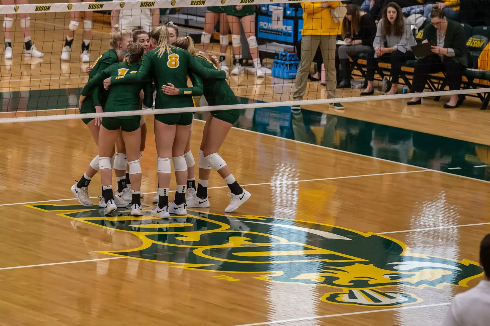 North Dakota State on-court huddle during match against Omaha in the Bentson Bunker Fieldhouse.