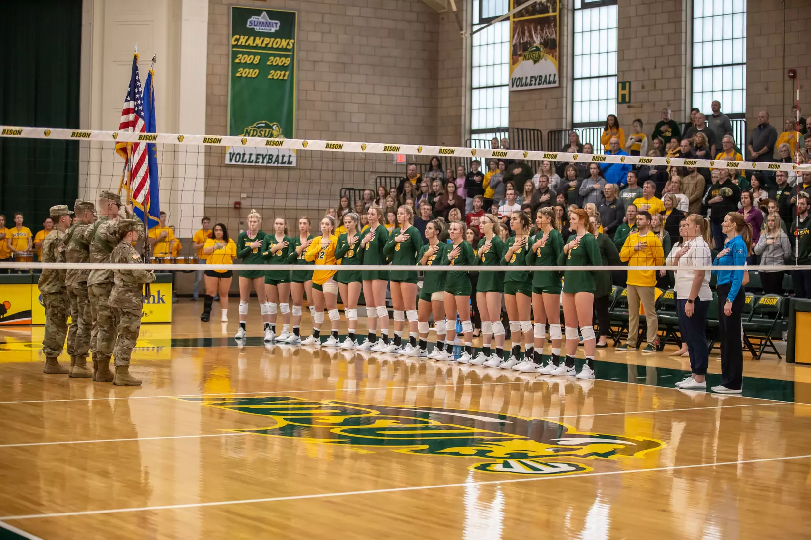 North Dakota State volleyball during national anthem prior to match against Omaha in the Bentson Bunker Fieldhouse.