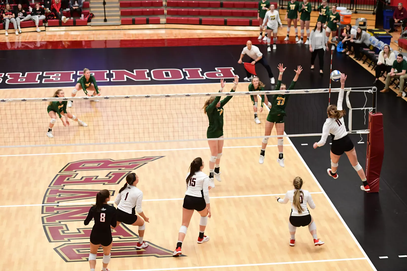 North Dakota State outside hitter Alexis Bachmeier and middle hitter Emily Halverson during the Summit League tournament quarterfinal against Omaha on Nov. 22 in Denver.