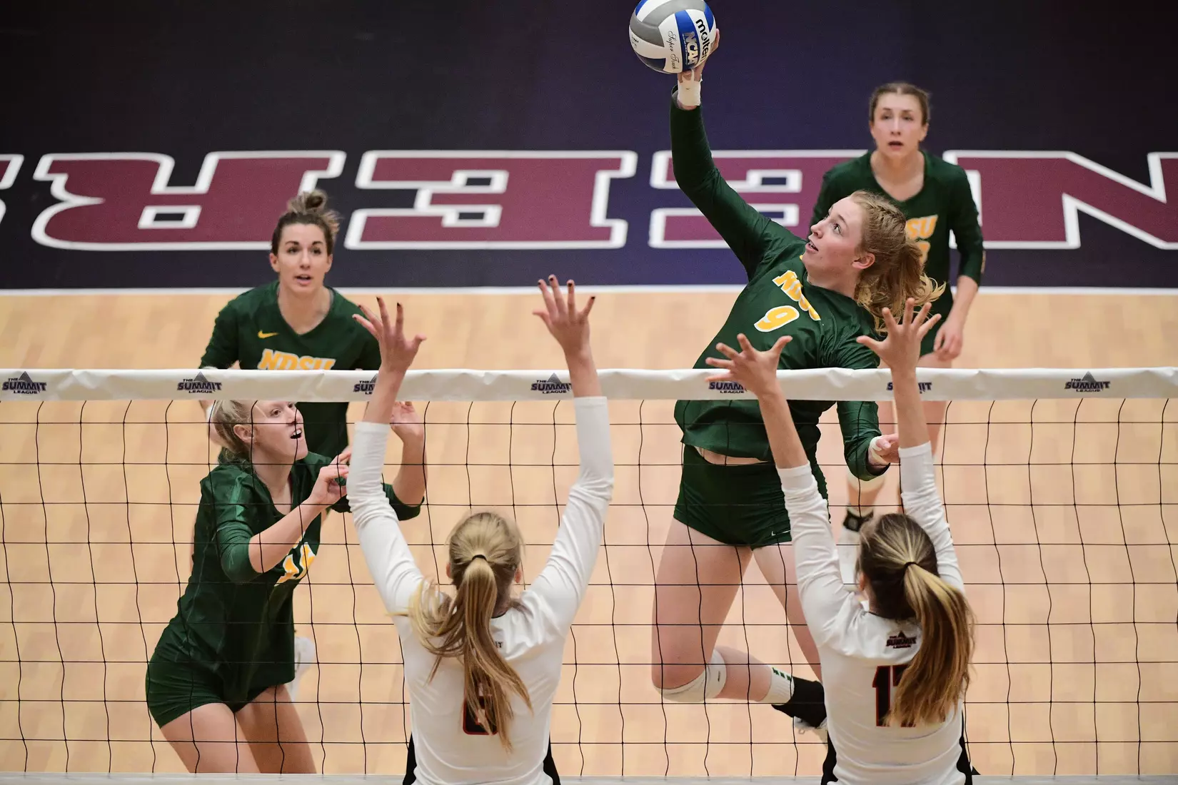 North Dakota State middle hitter Emily Halverson during the Summit League tournament quarterfinal against Omaha on Nov. 22 in Denver.