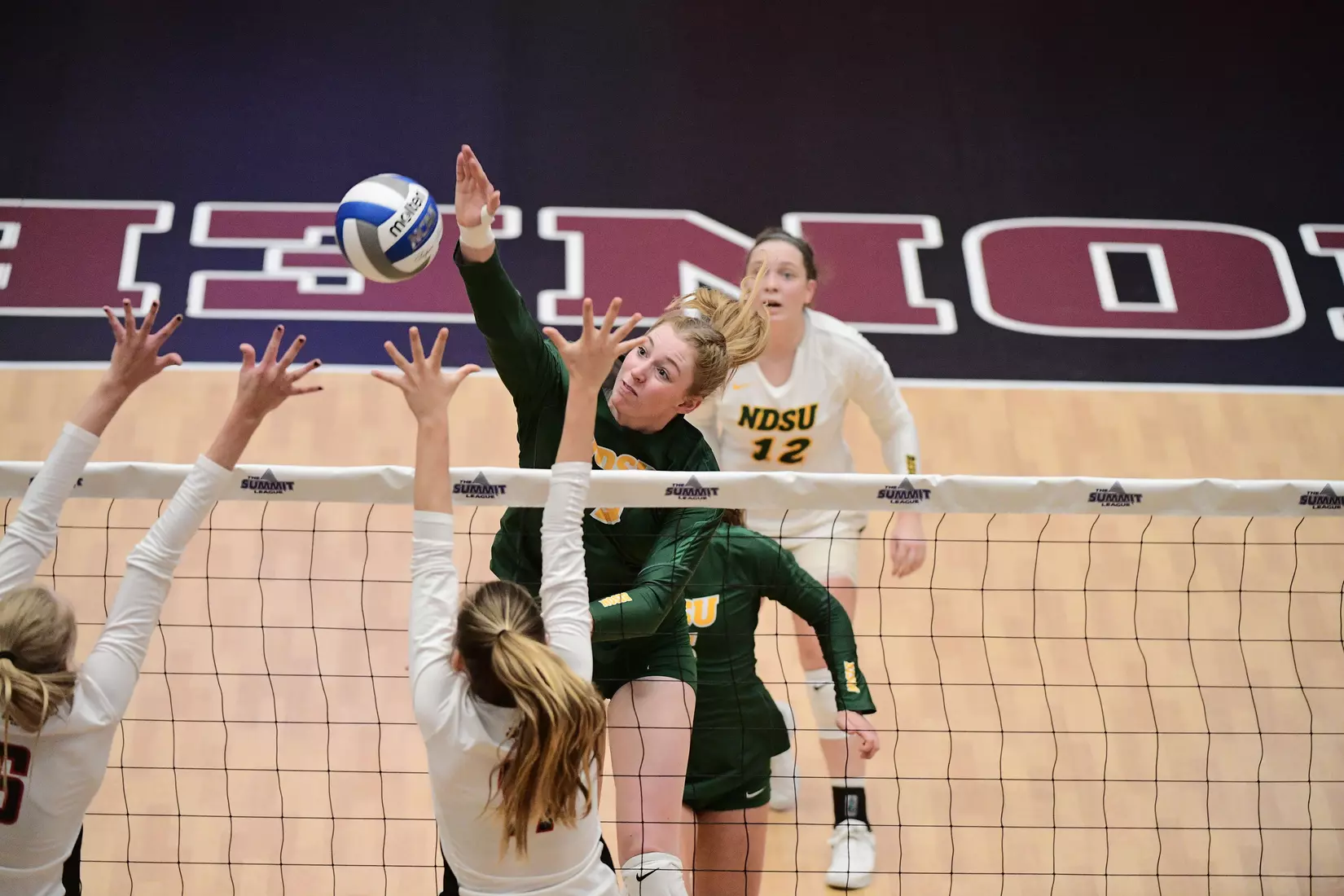 North Dakota State middle hitter Emily Halverson during the Summit League tournament quarterfinal against Omaha on Nov. 22 in Denver.