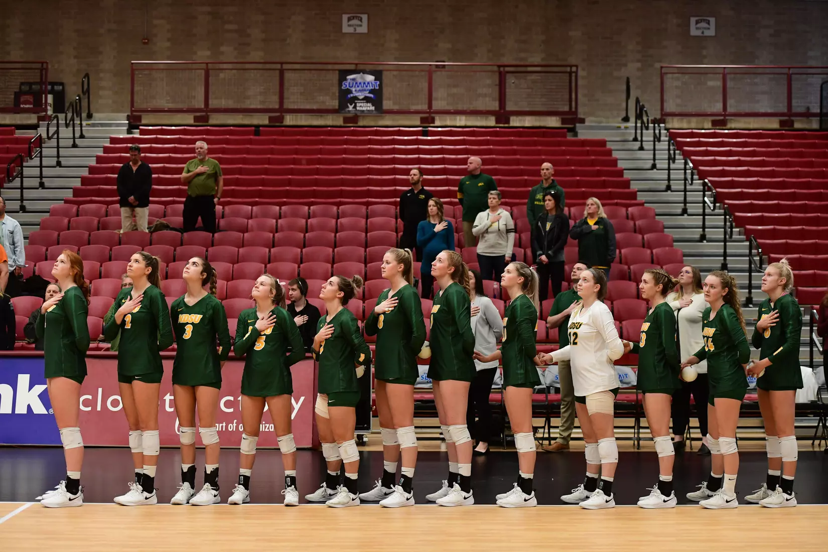 North Dakota State sideline during the national anthem prior to the Summit League tournament quarterfinal against Omaha on Nov. 22 in Denver.