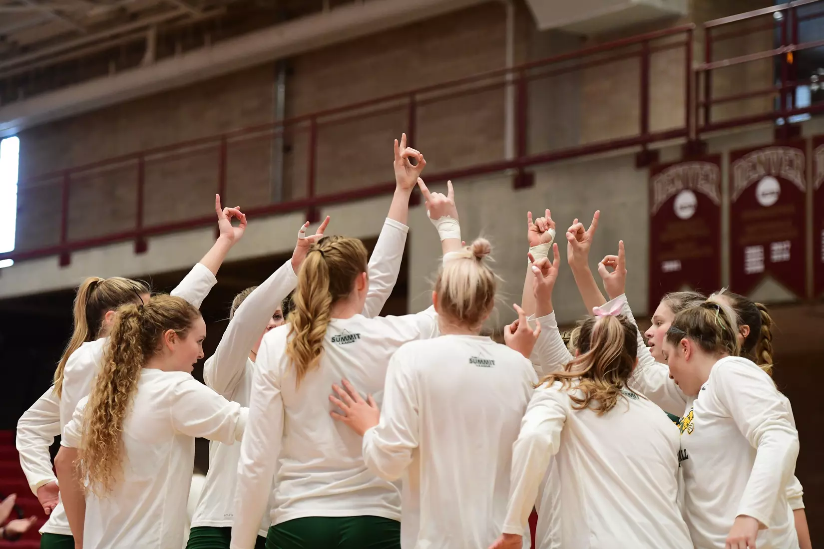 North Dakota State volleyball had horns up prior to the Summit League tournament quarterfinal against Omaha on Nov. 22 in Denver.