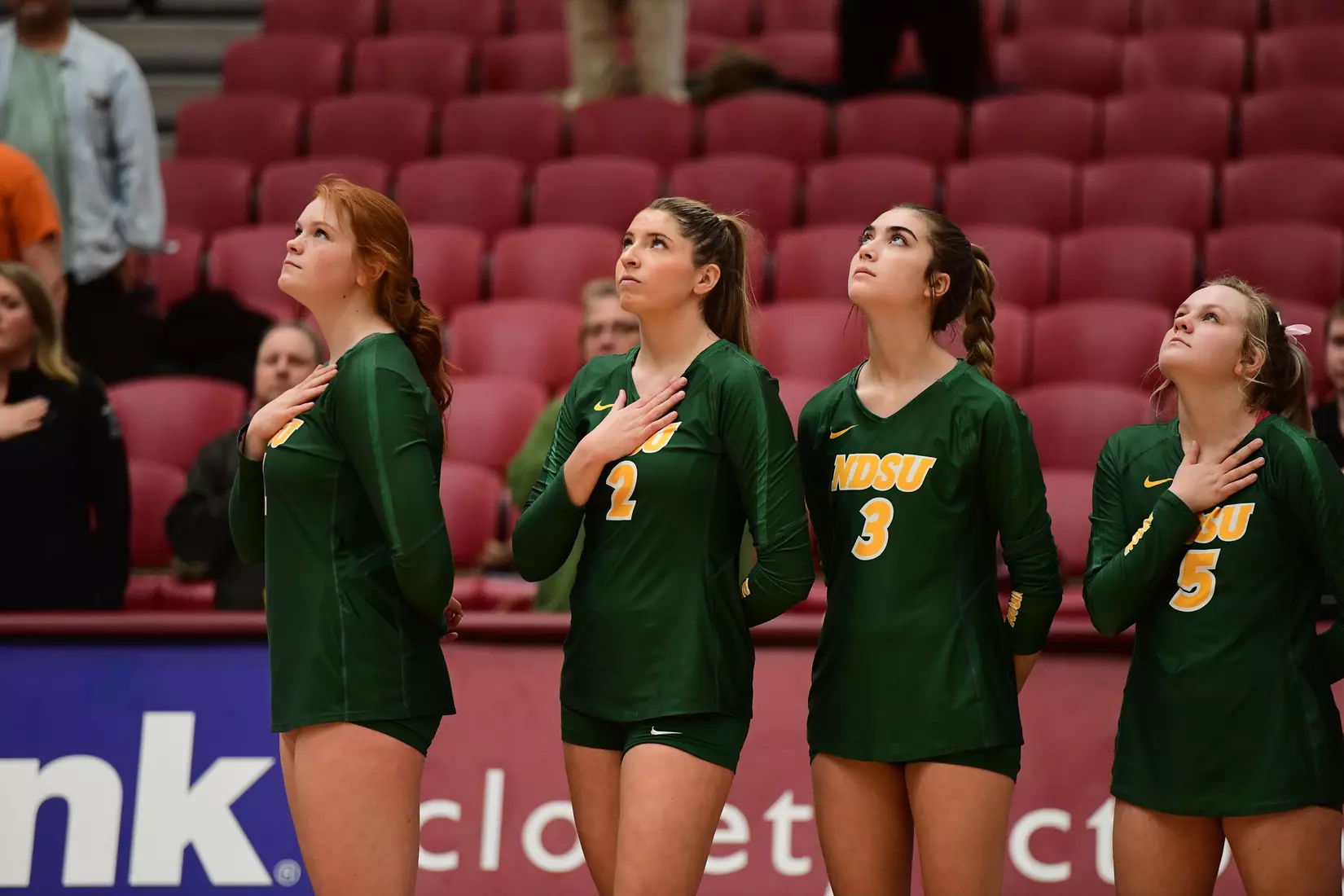 North Dakota State sideline during the national anthem prior to the Summit League tournament quarterfinal against Omaha on Nov. 22 in Denver.