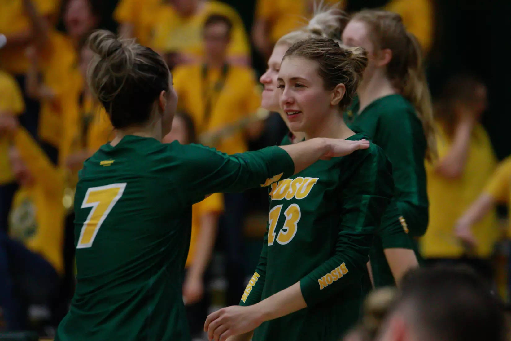 North Dakota State senior Abbi Klos and junior Alexis Bachmeier during 3-1 win over Oral Roberts on Nov. 17 in Bentson Bunker Fieldhouse.