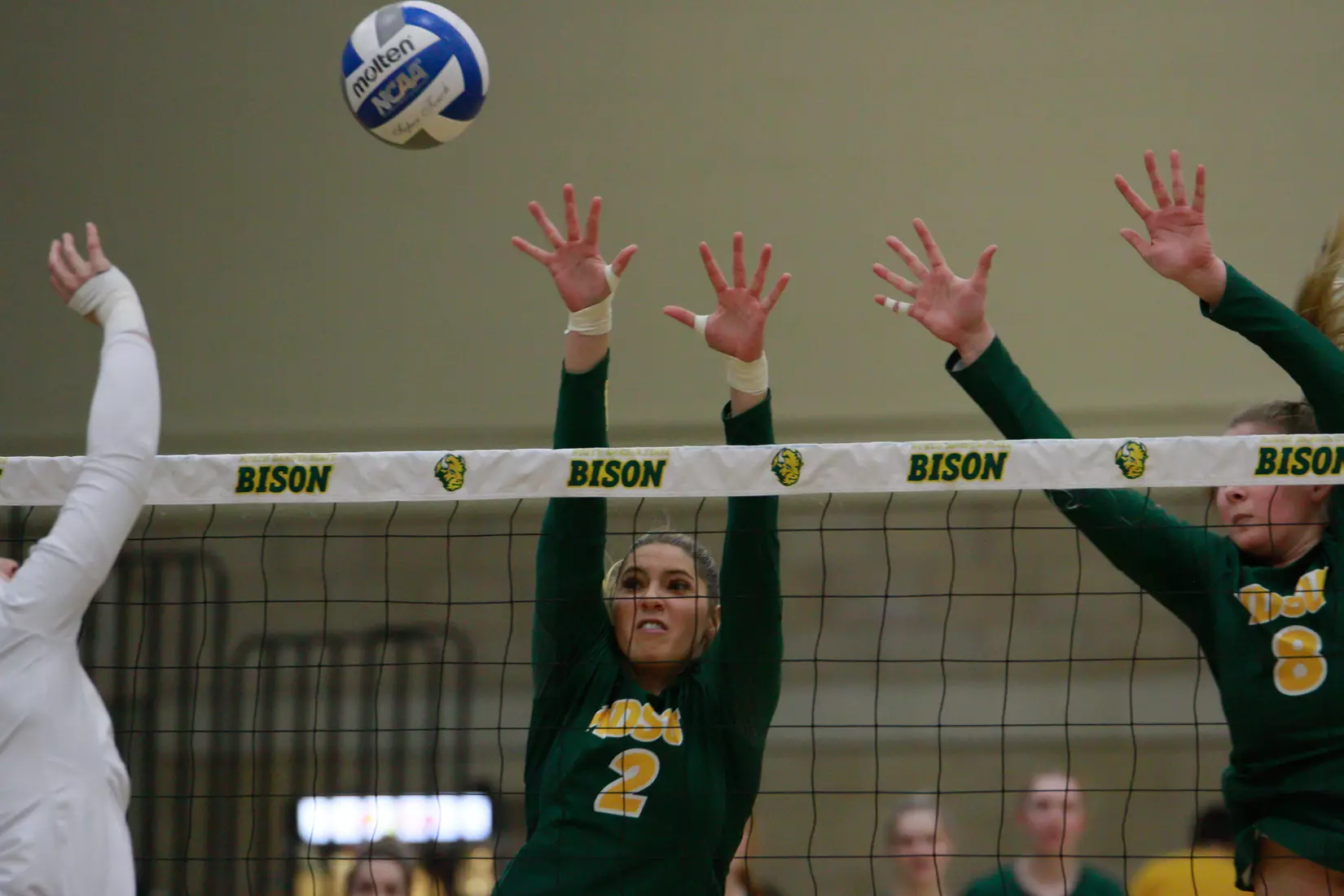 North Dakota State junior Allie Mauch and Bella Lien during 3-1 win over Oral Roberts on Nov. 17 in Bentson Bunker Fieldhouse.