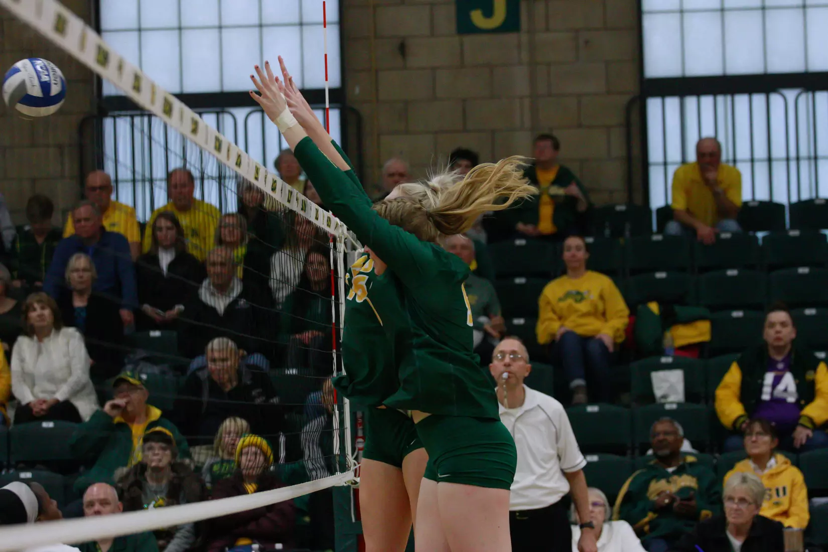 North Dakota State junior Emily Halverson and sophomore Kalli Hegerle during 3-1 win over Oral Roberts on Nov. 17 in Bentson Bunker Fieldhouse.