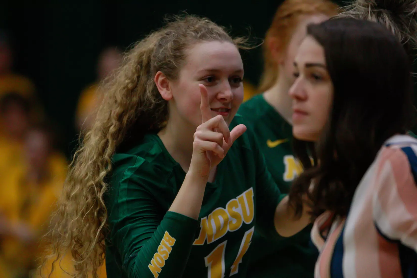 North Dakota State freshman Kelley Johnson and assistant athletic trainer Melissa Culfa during 3-1 win over Oral Roberts on Nov. 17 in Bentson Bunker Fieldhouse.