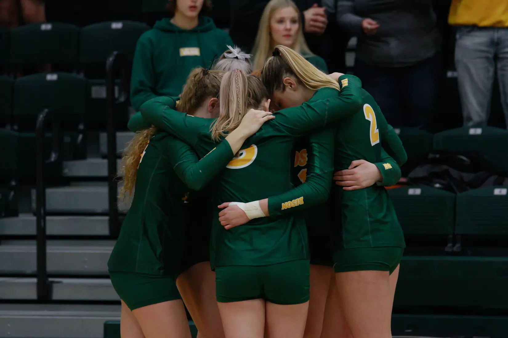 North Dakota State pre-match huddle prior to the 3-1 win over Oral Roberts on Nov. 17 in the Bentson Bunker Fieldhouse.