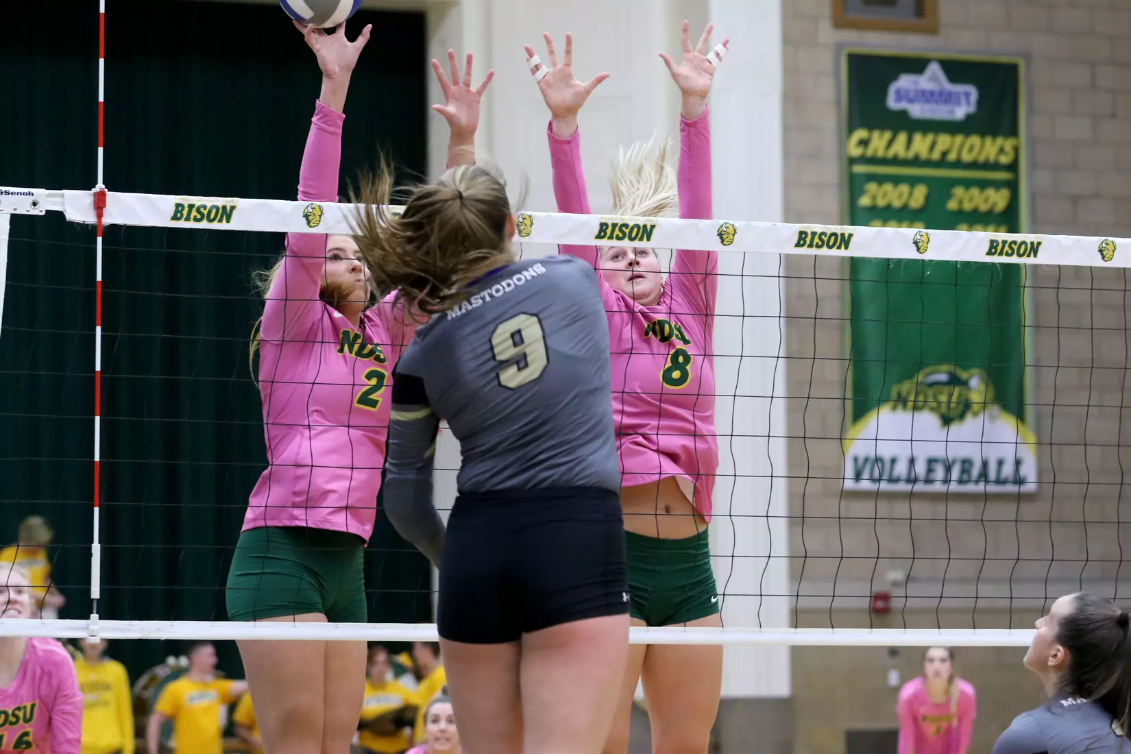 North Dakota State's Allie Mauch and Bella Lien against Purdue Fort Wayne in Bentson Bunker Fieldhouse.