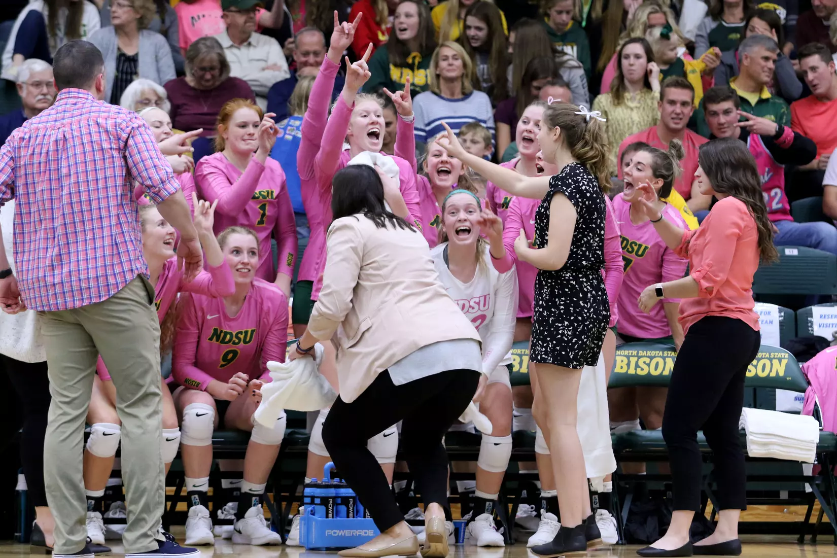 North Dakota State bench during Summit League match against Purdue Fort Wayne in Bentson Bunker Fieldhouse.