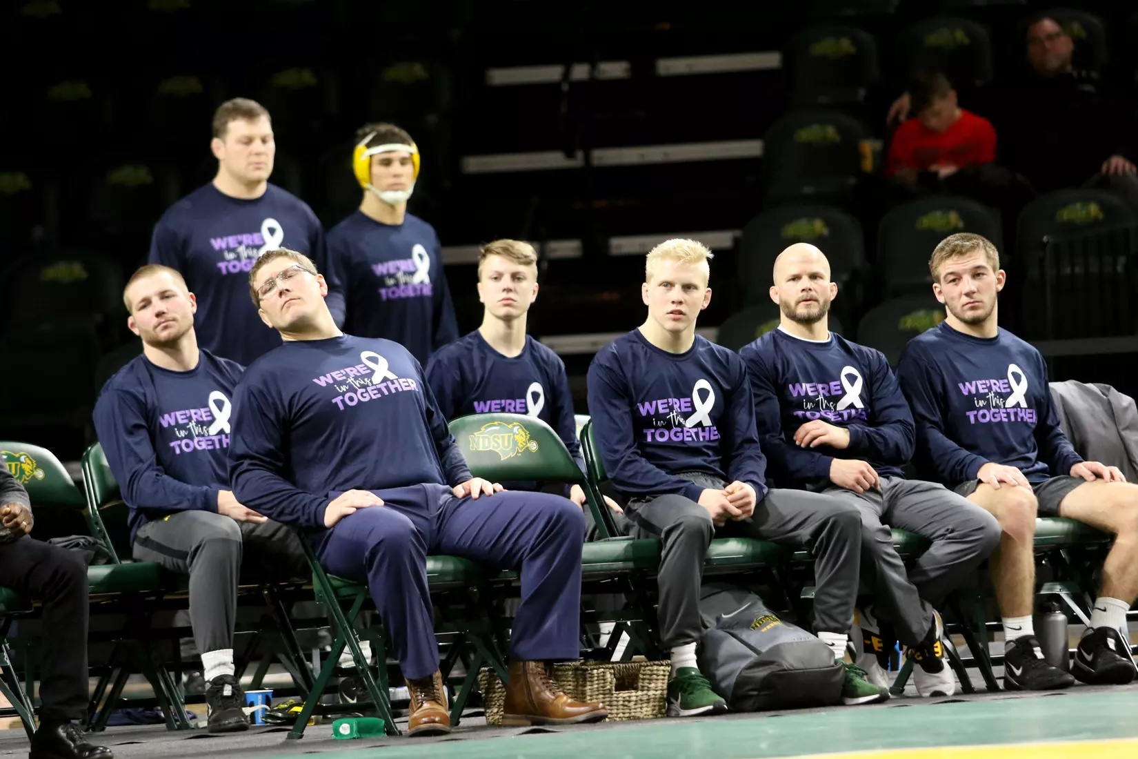 North Dakota State head coach Roger Kish and bench during the 32-9 win over Augustana on Dec. 1 in Scheels Center.
