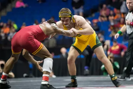 Iowa State's David Carr and North Dakota State's Jared Franek. Image taken at the Big 12 Wrestling Championship, Sunday, March 06, 2022, BOK Center, Tulsa, OK. Brett Rojo/For The Big 12 Conference