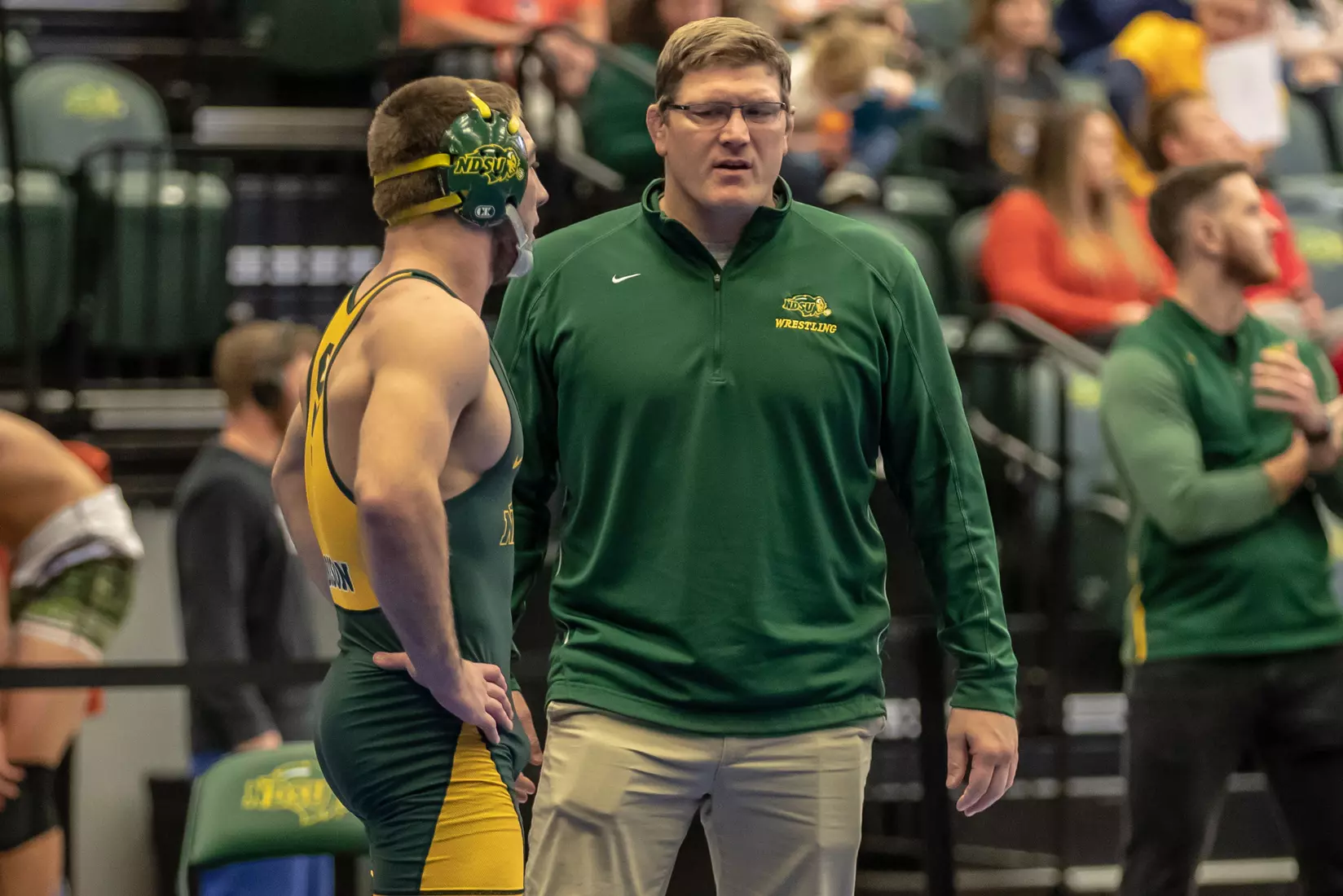 North Dakota State 157 Jared Franek and head coach Roger Kish at 49th Bison Open on Nov. 9 in Scheels Center.